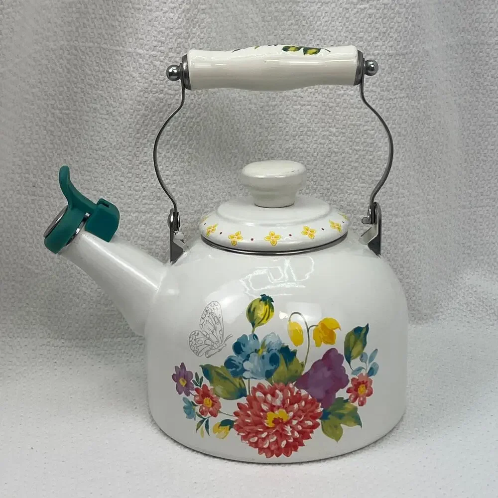 The Pioneer Woman Blooming Bouquet Whistling Tea Kettle White EUC With Handle